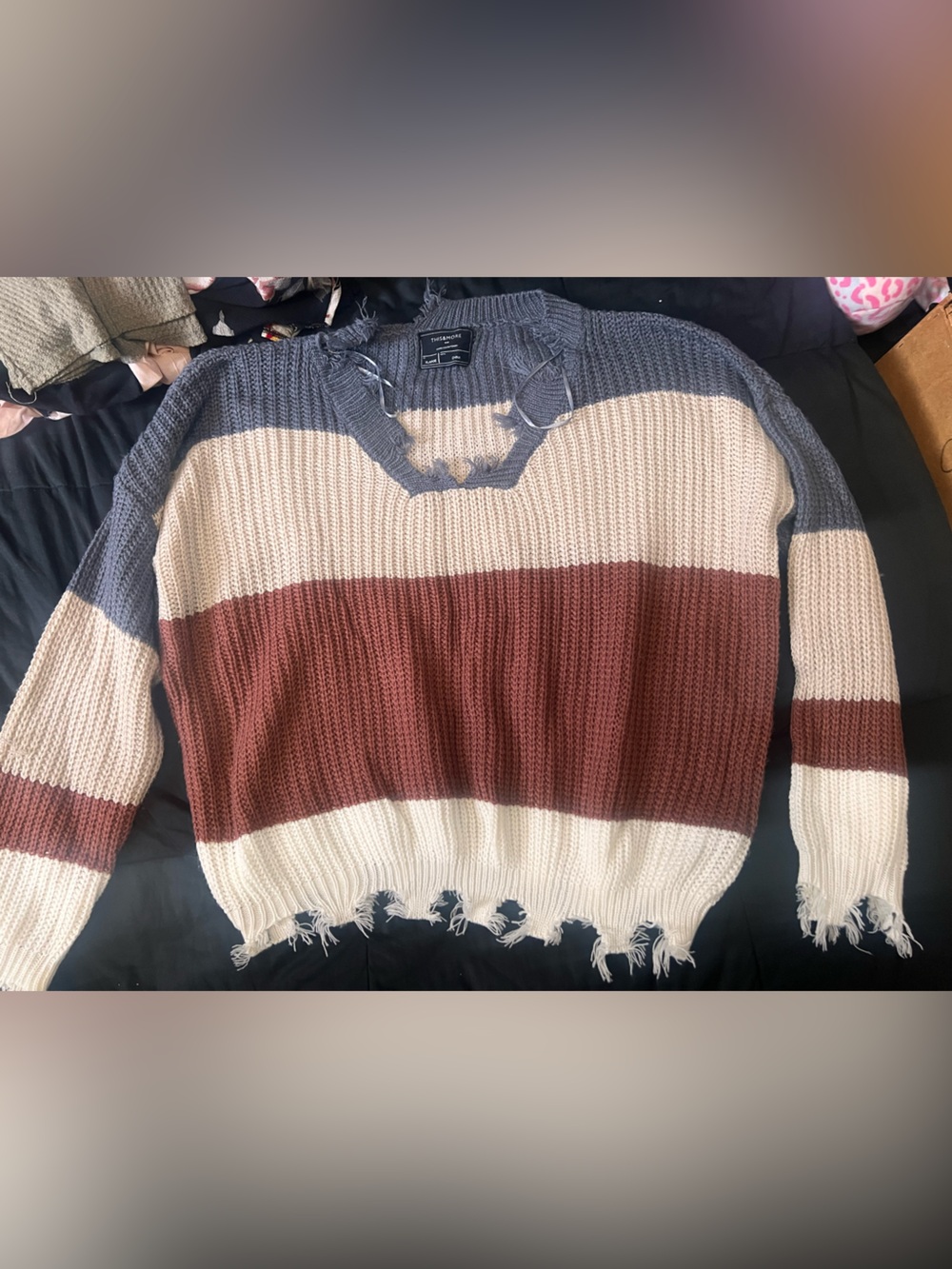 Striped Distressed Crewneck Sweater - Blue, Cream & Brown